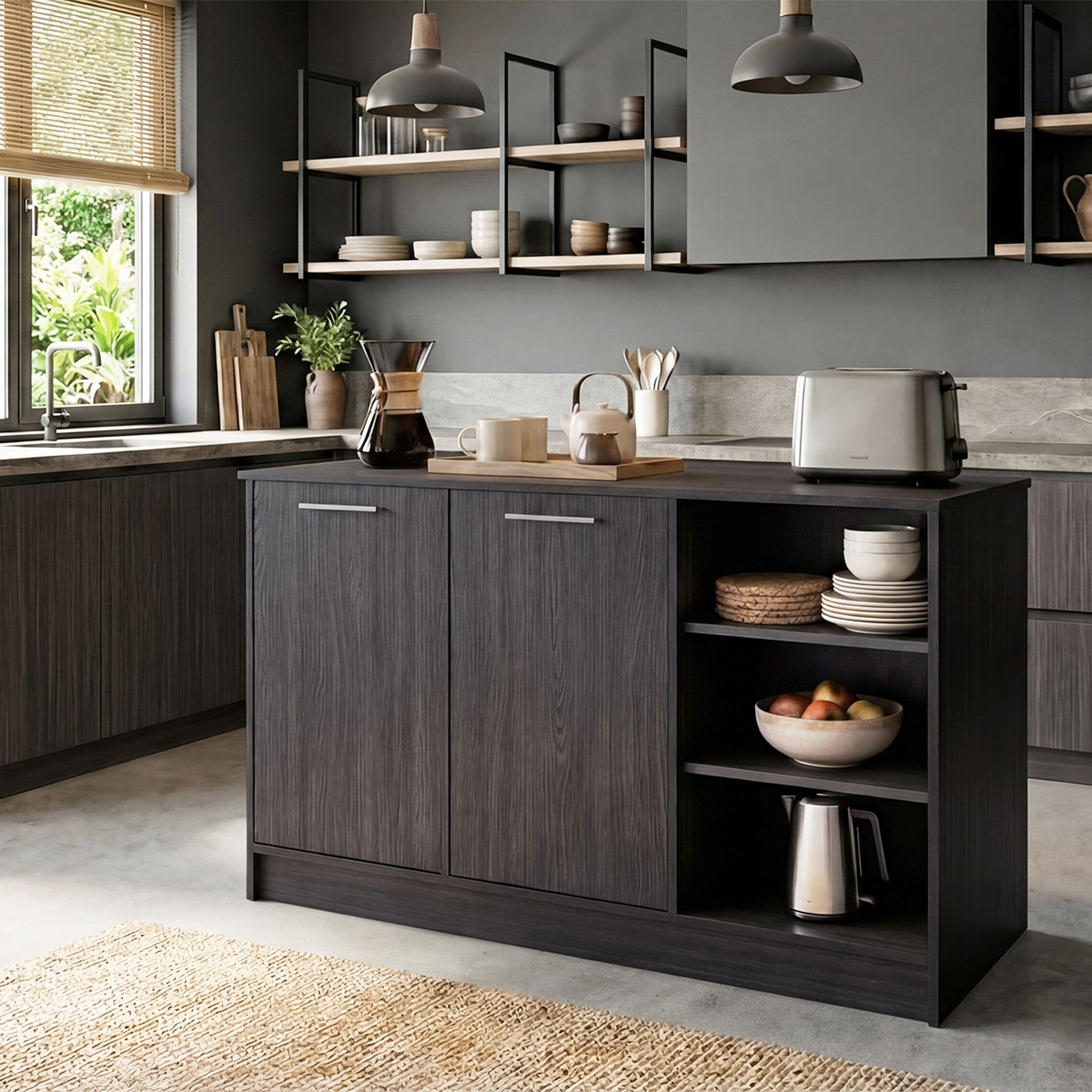 Freeport Park® Ginger Kitchen Island, Three Open Shelves, Two